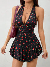 Solid Color Halter Neck Open Back Yin Peach Print Jumpsuit
